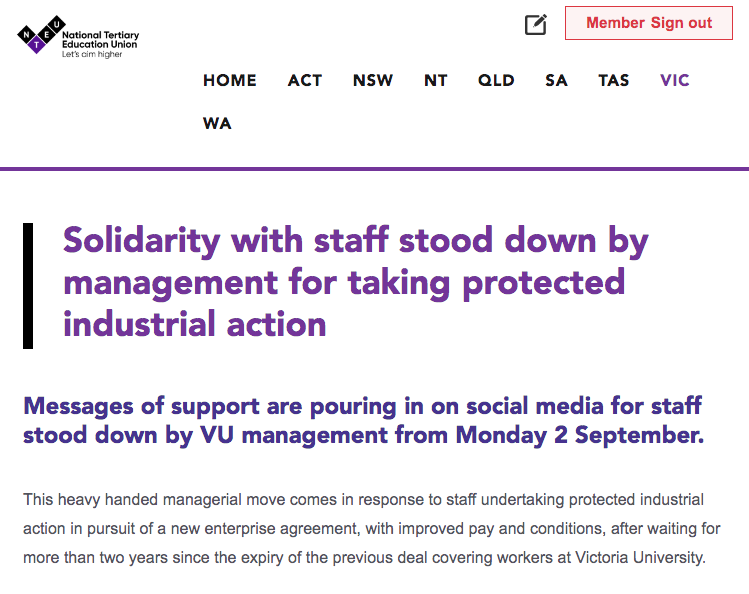NTEUVictoria's tweet photo. Solidarity with Vic Uni staff stood down today! 
As pressure builds on management, we're getting loads of support from far and wide - check out these messages: https://t.co/B5sZd2rUbP
#VUStandDown #highereducation #UnionStrong #universities #HigherEd @victoriauninews https://t.co/ibiNsA04Ke