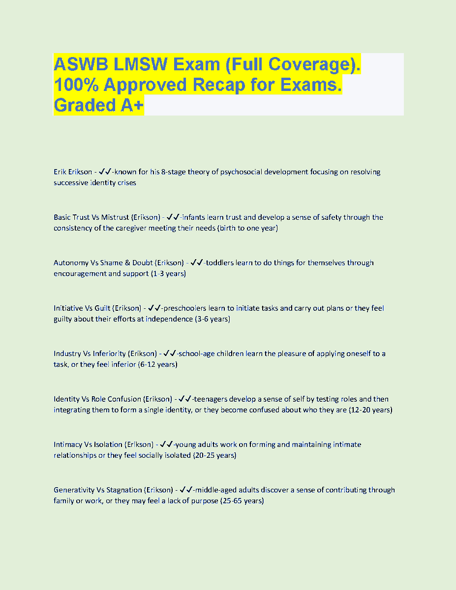 skillsetguides's tweet image. hackedexams.com/item/19713/asw…
Aswb Lmsw Exam Full Coverage 100 Approved Recap For Exams Graded A Erik Eriksons 8 Stages Of Psychosocial Development 
#aswblmswexam #psychosocialdevelopment #hackedexams
