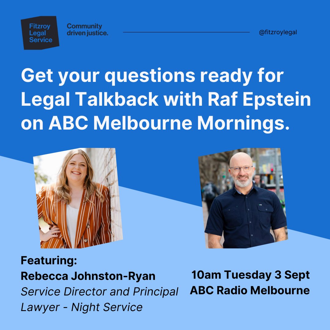 Rebecca Johnston-Ryan, Service Director and Principal Lawyer of FLS's iconic Night Service, will be answering your curly legal questions on <a href="/abcmelbourne/">ABC Melbourne</a> Mornings with host <a href="/Raf_Epstein/">Raf Epstein</a> from 10 am tomorrow. #LegalTalkback #CommunityLegalEducation Tune in: abc.net.au/listen/program…