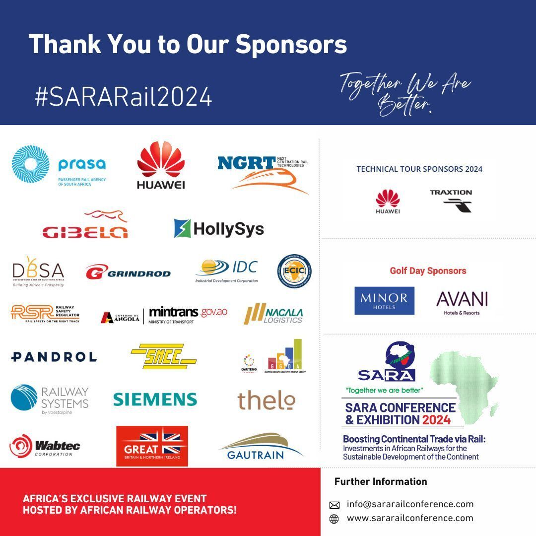 SARA RAIL CONFERENCE & EXHIBITION (@sararail_org) on Twitter photo We thank our sponsors for their invaluable support of the 2024 SARA Rail Conference and Exhibition.  
#SARARail2024 #rail #railway #freight #transport #logistics #SADC #Africa We thank our sponsors for their invaluable support of the 2024 SARA Rail Conference and Exhibition.  
#SARARail2024 #rail #railway #freight #transport #logistics #SADC #Africa