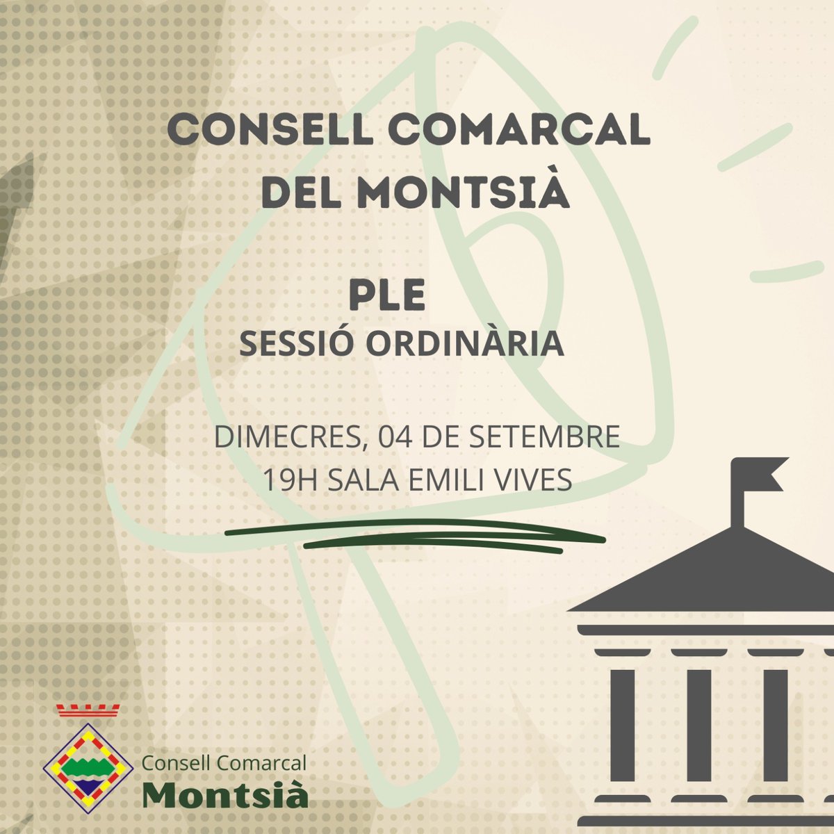 👉🏻Aquest dimecres, 4 de Setembre a les 19h, tindrà lloc la sessió ordinària del Ple del Consell Comarcal del Montsià.