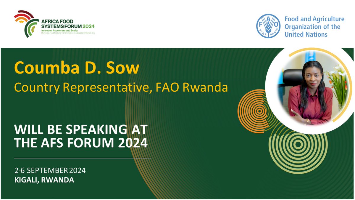 FAORwanda's tweet photo. Empowering women in climate-smart agriculture not only builds resilience but drives sustainable change.

Join @CoumbaDSow  Representative @FAORwanda  at the #AFSForum2024  to discuss the intersection of gender and climate in #FoodSystems financing. https://t.co/yfn3L26fUW
