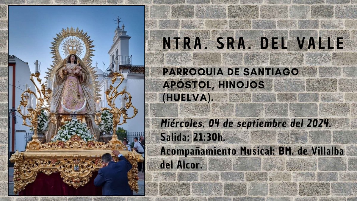 Pasión, Música y Costal (@pasmusycos) on Twitter photo 🗓 Miércoles 04 de septiembre del 2024.
📍Hinojos (Huelva).
⏰ 20:00h.
Salida Procesional de Ntra. Sra. del Valle, que será acompañada musicalmente por <a href="/Banda_Villalba/">BMM Villalba del Alcor</a>. 🗓 Miércoles 04 de septiembre del 2024.
📍Hinojos (Huelva).
⏰ 20:00h.
Salida Procesional de Ntra. Sra. del Valle, que será acompañada musicalmente por <a href="/Banda_Villalba/">BMM Villalba del Alcor</a>.