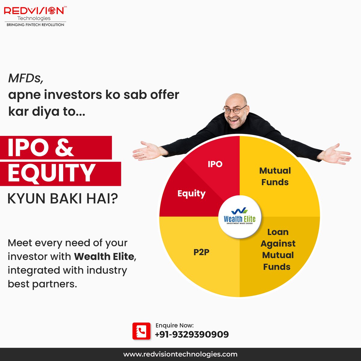 redvisionindore's tweet image. MFDs! It&apos;s time to diversify your offerings with Equity investments. Grow your AUM with Equity and IPOs on Wealth Elite.

Enquire More!

Get a free consultation today.

Contact: 91- 9329390909

Visit: redvisiontechnologies.com

#REDVisionTechnologies #MutualFundSoftware