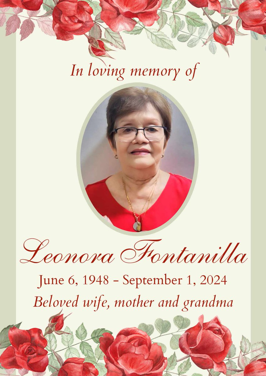 Dear loved ones,

We r heartbroken to inform you that our dearest nanay Leonora has passed away last night Sep.1, 2024. Her presence brought immense joy to our lives,  &amp; her memory will forever remain in our hearts. 

We love you and we will miss you nanay Leonora! ❤️