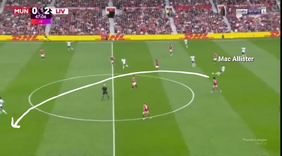 JackRthythm's tweet image. In 46 to 47 min, United's pressing failed to stop Liverpool's 4-2-4 build up due to Zirkzee (didn't mark Mac Allister) . 
— Mac Allister was free to play long ball, Mazraoui dragged by Szoboszlai's dummy run then Diaz is free to receive.