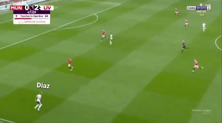 JackRthythm's tweet image. In 46 to 47 min, United's pressing failed to stop Liverpool's 4-2-4 build up due to Zirkzee (didn't mark Mac Allister) . 
— Mac Allister was free to play long ball, Mazraoui dragged by Szoboszlai's dummy run then Diaz is free to receive.