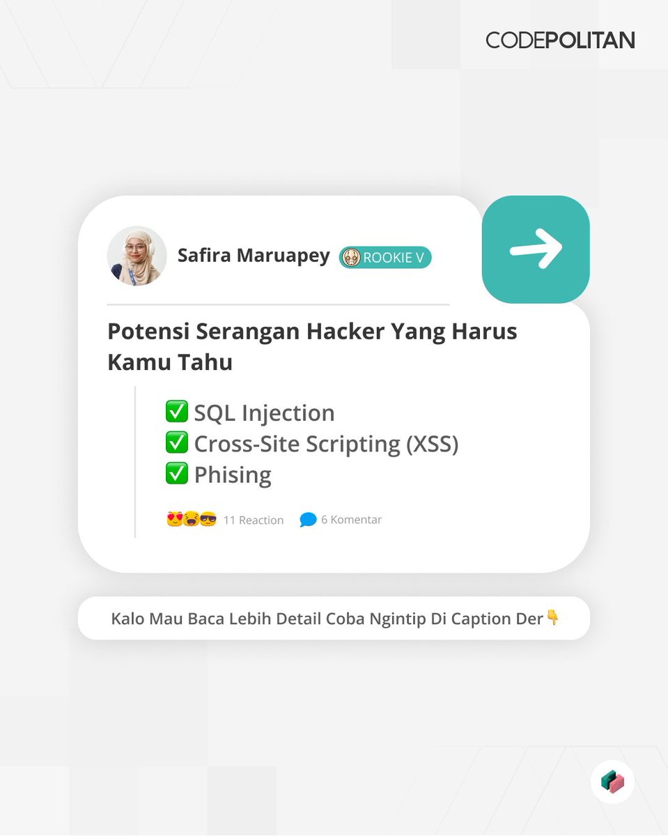 CodePolitan's tweet image. MinPoli nemuin salah satu Thread bagus nih dari kak @Safira Maruapey
Perlu banget di implementasiin nih, dikit-dikit mengenal dunia hacker bolehlah ya😁
Kalo mau tau detail tulisan kak safira, meluncur kesini 👇
codepolitan.com/blog/potensi-s…
#kehidupanprogrammer #lifedeveloper