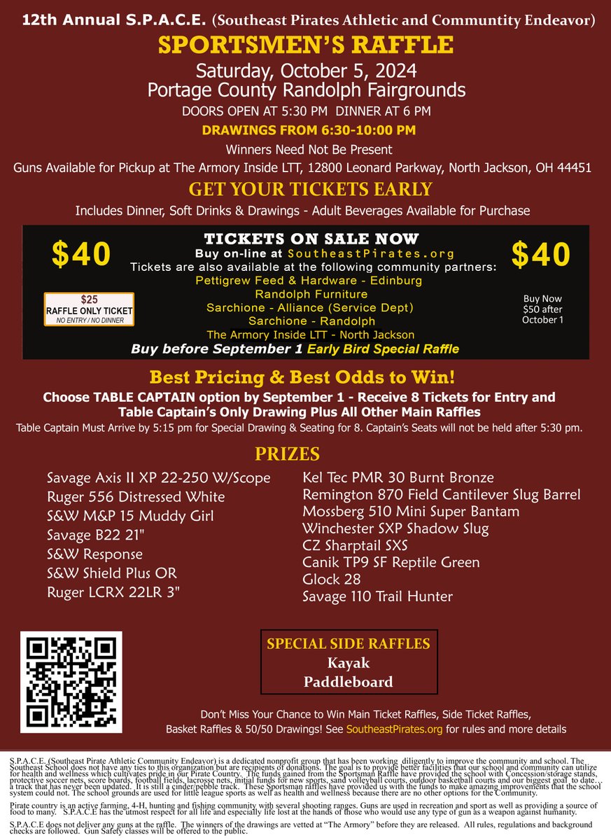 Only 33 days until The 12th Annual Sportsmen's Raffle!
🎟️RAFFLES ALL NIGHT!
🧺HUGE SELECTION OF RAFFLE BASKETS!
🍲DINNER, DESSERT, AND SOFT DRINKS!
🏴‍☠️SPONSORSHIP OPPORTUNITES AVAILABLE

TICKETS AND SPONSORSHIP INFORMATION AVAILABLE ONLINE AT 👇southeastpirates.org/2024-raffle