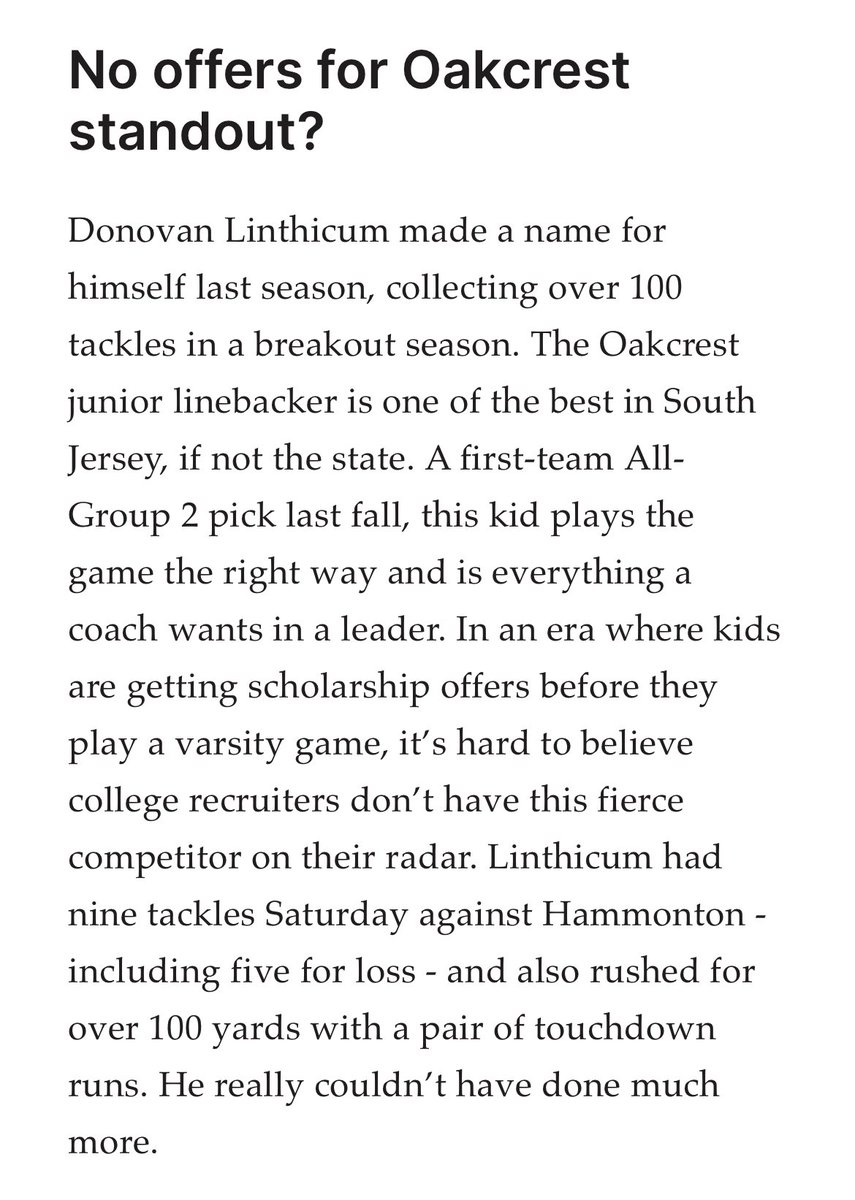 Thank you <a href="/kminnicksports/">Kevin Minnick ⚾️🐶⚾️🐶⚾️</a> and <a href="/HSSportsNJ/">NJ.com HS Sports</a>  for the write up and recognition of my talents when it comes to football 🏈. I’m just remaining humble and confident that 1 school will love my game enough to give me an opportunity to continue my education and play the game I love.