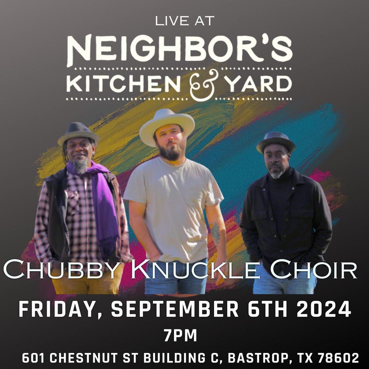 Chubby Knuckle Choir is bringing their high-energy performance to Neighbor’s Kitchen &amp; Yard in Bastrop, Texas on Friday, September 6th at 7:30 PM.

neighborstx.com/events/chubby-…

#chubbyknucklechoir #ckc #do512 #RocknSoul #neighborskitchenandyard