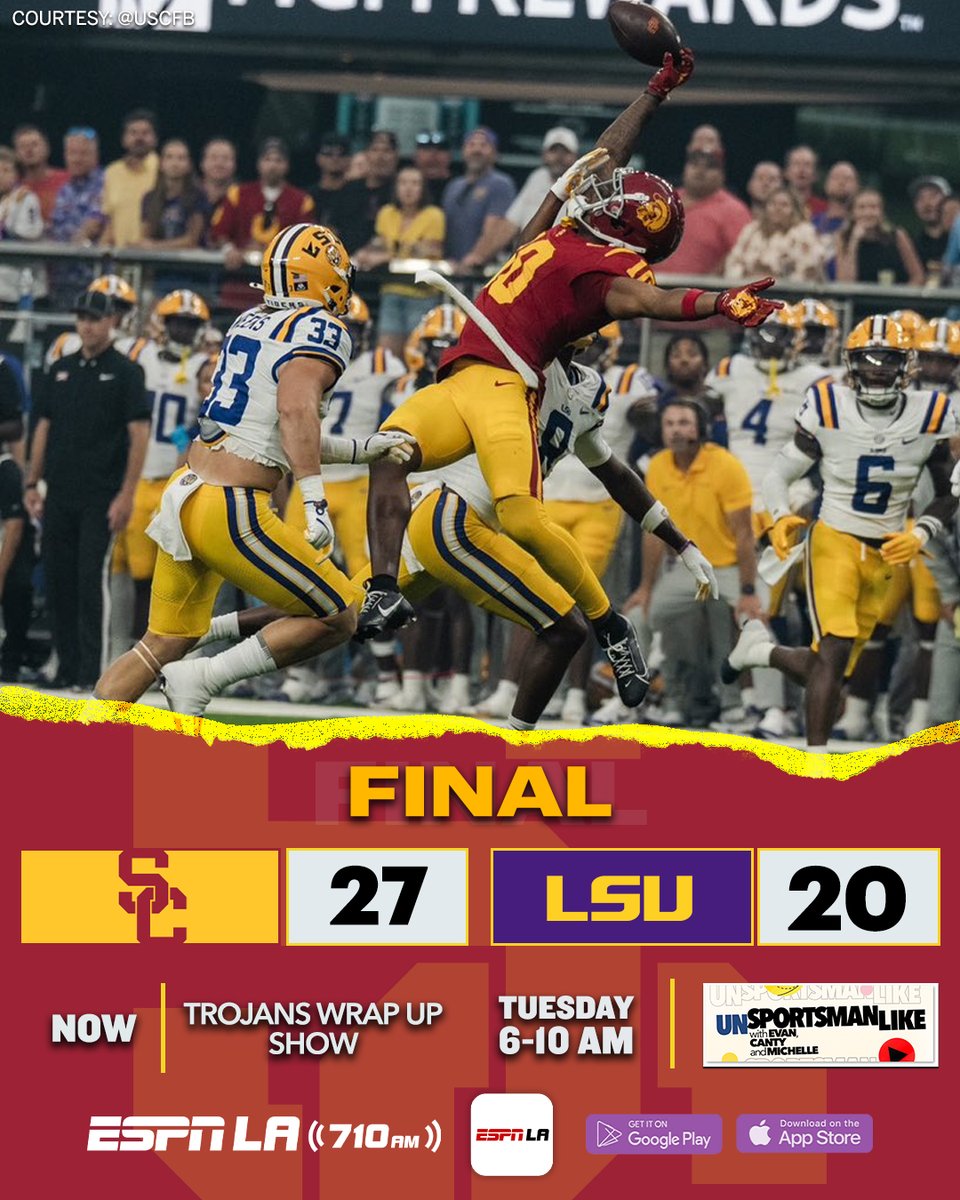 THE TROJANS (<a href="/uscfb/">USC Football ✌️</a>) PULL OFF THE UPSET! #FightOn ✌️Miller Moss goes 27-36 for 378 YDS &amp; 1 TD, Woody Marks adds 68 YDS on 16 CAR with 2 TD, and standout WR Kyron Hudson comes up huge with multiple clutch catches.  

Tune in NOW to the Trojans Wrap up Show with <a href="/jasondschwartz/">Jason Schwartz</a> and