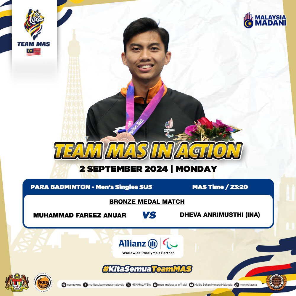 AtletMalaysia's tweet photo. Fareez Anuar Akan Turun Beraksi Untuk Pingat Gangsa Malam Nanti 

Ayuh!!! Fareez 🇲🇾💪🏻

#KitaSemuaTeamMAS 
#AllianzMalaysia https://t.co/WAcCb0CAie