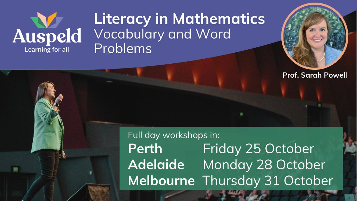 auspeld's tweet photo. Hear from an international expert in effective maths instruction! @sarahpowellphd (USA) will return to Australia in October for a series of workshops on literacy in mathematics. 

Perth https://t.co/2YaQJoqItF

Adelaide https://t.co/UocTppFFsg

Melbourne https://t.co/TGGo1vFrzm https://t.co/XOHMYahVNz