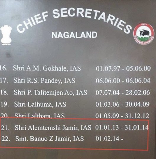 Congratulations to the officers. 
A similar transition had also taken place in Nagaland in 2014, when Mr. Alemtemshi Jamir was succeeded by his wife Banuo Z. Jamir. 
Interestingly, both their respected fathers were also chief secretaries of Nagaland one after the other. (Could
