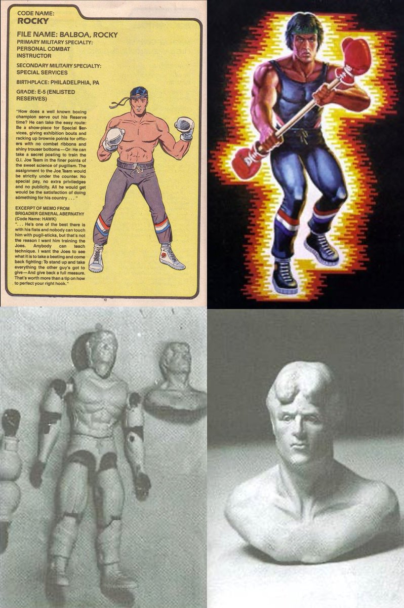 Hasbro was considering making a Rocky Balboa GI Joe figure and even went as far as making artwork and a sculpt. Larry Hama wrote a filecard for him in issue #2 of GI Joe: Order of Battle from 1997. Unfortunately the deal fell through and Rocky never joined the GI Joe team.