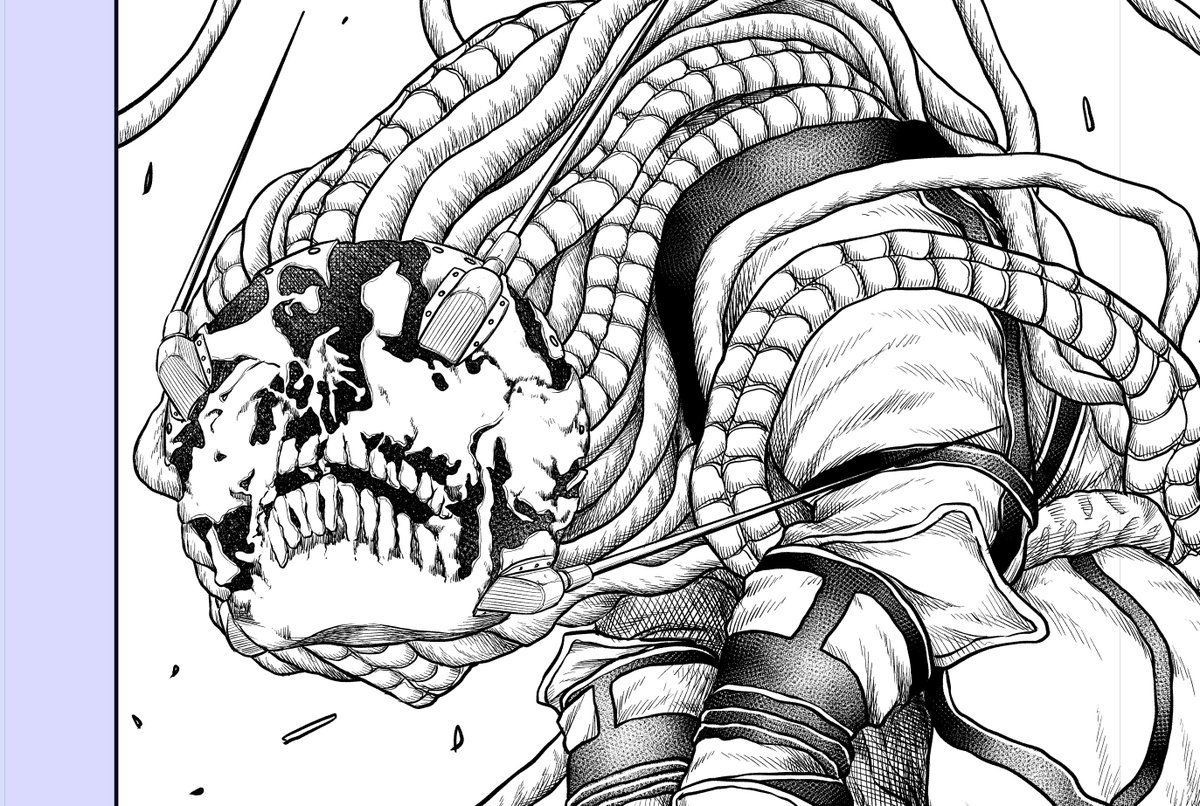 たとえデジタル作画と言えど 漫画は一コマ一コマ手で描いた すごい数の"線の集合体"で出来ています。 スカスカの作画はアシスタント歴が長いせいで 手を抜けない癖がついた作者の自己満足です、バカですねぇ。 #スカベンジャーズアナザースカイ