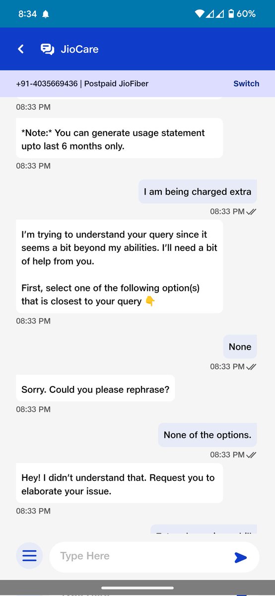 krishanrocks's tweet photo. @reliancejio if you can't hire good bot developers, at least bring human agents. https://t.co/h8aDrnAGIb