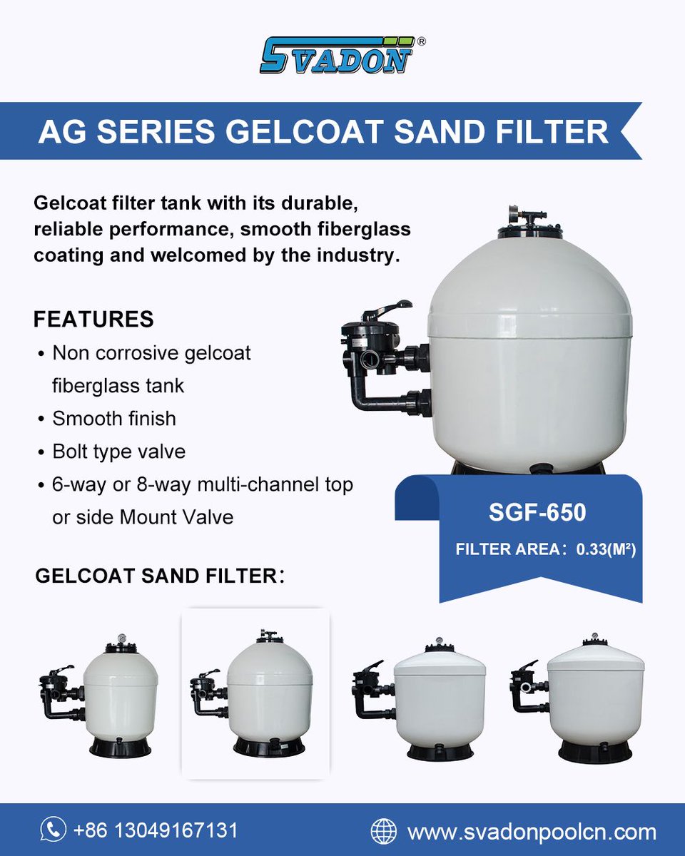 Angelica0313668's tweet image. Svadon AG Series Sand Filter
    The Gelcoat filter tank is highly regarded in the industry for its durable and reliable performance. Its smooth fiberglass coating adds to its appeal, making it a preferred choice among professionals. 

#sandfilter #swimmingpoolfilter