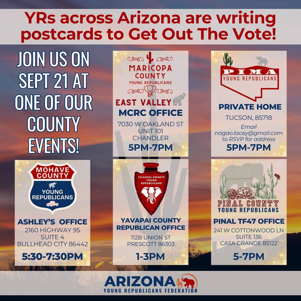Arizona Young Republicans (@arizonayrs) on Twitter photo 📨 Join the Arizona YRs for our statewide #PostcardDay on Sept. 21!
Visit any chapter to send postcards to young Republicans across the valley 💌📬 DM us for more info!
<a href="/PimaCountyYR/">Pima County Young Republicans</a> <a href="/MCYRGOP/">Maricopa County Young Republicans 🇺🇸</a> <a href="/YavapaiYR/">Yavapai Young Republicans</a> <a href="/pinalyrs/">Pinal County Young Republicans</a> <a href="/MohaveCYR/">Mohave County Young Republicans</a> 📨 Join the Arizona YRs for our statewide #PostcardDay on Sept. 21!
Visit any chapter to send postcards to young Republicans across the valley 💌📬 DM us for more info!
<a href="/PimaCountyYR/">Pima County Young Republicans</a> <a href="/MCYRGOP/">Maricopa County Young Republicans 🇺🇸</a> <a href="/YavapaiYR/">Yavapai Young Republicans</a> <a href="/pinalyrs/">Pinal County Young Republicans</a> <a href="/MohaveCYR/">Mohave County Young Republicans</a>