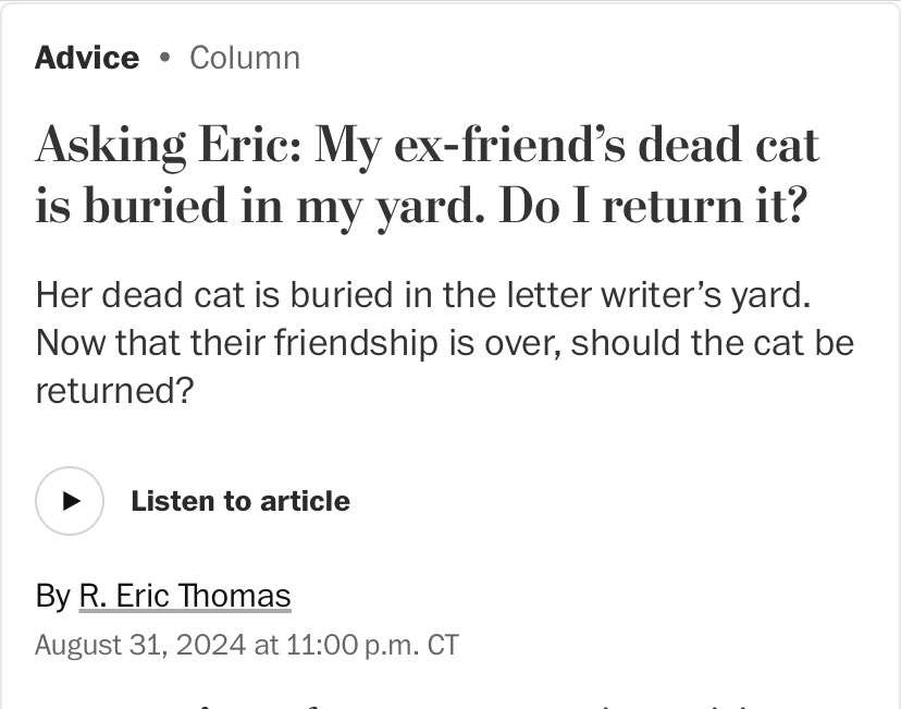 Leah Nelson (@leahanelson) on Twitter photo The answer is no but also I am THRILLED to see <a href="/oureric/">R. Eric Thomas</a> taking advice columnry in this direction in one of the Papers Of Record™️. CHAOS! TWICE-BURIED DEAD CREATURES! EX-FRIENDS! More of this, less of everything else. The answer is no but also I am THRILLED to see <a href="/oureric/">R. Eric Thomas</a> taking advice columnry in this direction in one of the Papers Of Record™️. CHAOS! TWICE-BURIED DEAD CREATURES! EX-FRIENDS! More of this, less of everything else.