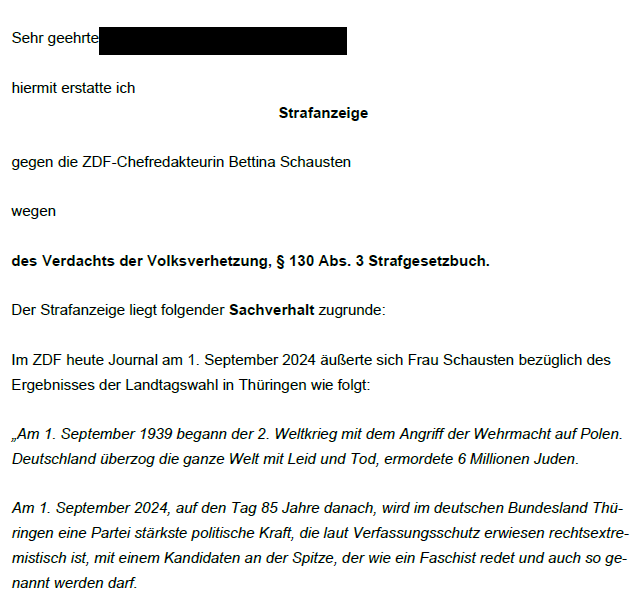 Haintz_MediaLaw's tweet photo. #Landtagswahlen im Osten, Demokratie & Faschisten. 
Ich habe soeben #Strafanzeige gegen die ZDF-Chefredakteurin Bettina Schausten wegen des Verdachts der #Volksverhetzung erstattet

#Schausten hat in einem Kommentar zu dem Ergebnis der #Thueringenwahl2024 einen Kontext zwischen dem Angriff der Wehrmacht auf Polen am 01. September 1939 und 6 Millionen ermordeter Juden im 3. Reich hergestellt, um Stimmung gegen Höcke, die AfD und deren Wähler zu machen.

Nach der eigenen Argumentation der Staatsanwaltschaft, der ich die Strafanzeige geschickt habe, liegt hier eine Volksverhetzung vor. 

Ein Mandant / eine Mandantin von Haintz legal wurde aufgrund eines vermeintlichen Vergleichs mit COVID-Bezug von eben jener Staatsanwaltschaft angeklagt (Strafbefehl) und erstinstanzlich wegen vermeintlicher Volksverhetzung von einem Amtsgericht verurteilt. 
Die Berufung hiergegen liegt seit fast 2 Jahren beim Landgericht, welches offenkundig Probleme damit hat, den Fall zu händeln. 
In diesem konkreten Fall wurde gerade kein Bezug zu einem Verbrechen gemäß § 6 Abs. 1 des Völkerstrafgesetzbuches (Völkermord) gezogen, welcher aber für eine Verurteilung nach § 130 Abs. 3 Strafgesetzbuch zwingend erforderlich ist. Trotzdem erfolgte eine Verurteilung.

Erstinstanzlich hätte hier niemals eine Verurteilung erfolgen dürfen. Mit der Argumentation der Staatsanwaltschaft und des erstinstanzlichen Amtsgerichts habe ich auch Strafanzeige gegen Bundespräsident Frank-Walter Steinmeier wegen des Verdachts der Volksverhetzung erstattet. Diesbezüglich wurde ein Vorermittlungsverfahren eingeleitet, welches nach meiner Kenntnis noch immer nicht abgeschlossen ist. Jedenfalls habe ich diesbezüglich noch keine Rückmeldung der Staatsanwaltschaft erhalten.

Nunmehr habe ich mit derselben Argumentation auch die ZDF-Chefredakteurin Bettina Schausten wegen des Verdachts der Volksverhetzung angezeigt. Ich bin wirklich gespannt, wie die Staatsanwaltschaft nunmehr gegen ihre eigene Argumentation argumentieren wird. 

Sowohl im Fall von Steinmeier als auch im Fall Schausten wurde ein Kontext zu einer unter der Herrschaft des Nationalsozialismus begangenen Handlung gemäß § 6 Abs. 1 des Völkerstrafgesetzbuchs gezogen. 
Steinmeier stellte bei seiner Rede anlässlich des 80. Jahrestags des Aufstands im Warschauer Getto einen Bezug zwischen dem Ukrainekrieg und dem Vernichtungskrieg der Wehrmacht in Osteuropa her. Schausten stellte einen Kontext mit dem Angriff der Wehrmacht auf Polen am 1. September 1939 und 6 Millionen ermordeter Juden her.

Ich bin wirklich gespannt, wie die politisch abhängige Staatsanwaltschaft (§ 146 f. GVG) versuchen wird, aus diesem "juristischen Dilemma" herauszukommen. 

Ich fordere meine Anwaltskolleginnen und -Kollegen dazu auf, sich den unzähligen Fehlentscheidungen durch Gerichte und Behörden, den verfassungswidrigen Beeinträchtigungen und den staatlichen Machtüberschreitungen, insbesondere seit März 2020, entgegenzustellen. 

Dies ist keine Bitte. Es ist eine Aufforderung zur Einhaltung der anwaltlichen Berufspflicht gemäß § 1 Abs. 3 der Berufsordnung der Rechtsanwälte.

Markus Haintz
Rechtsanwalt