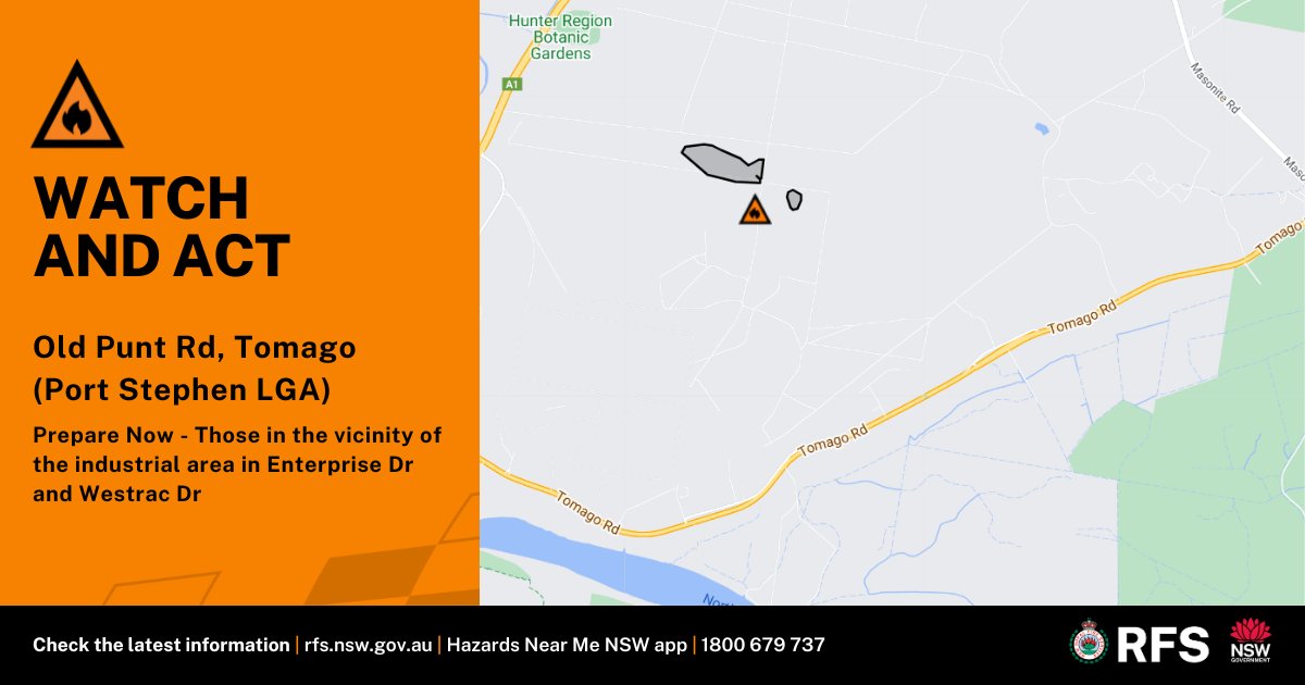 WATCH &amp; ACT: Old Punt Rd, Tomago (Port Stephens LGA)
A grass fire is burning in the vicinity of Old Punt Rd, Tomago, moving in an easterly directions towards Tomago Rd. Those near the industrial area in Enterprise Dr and Westrac Dr should Prepare Now. rfs.nsw.gov.au/fnm