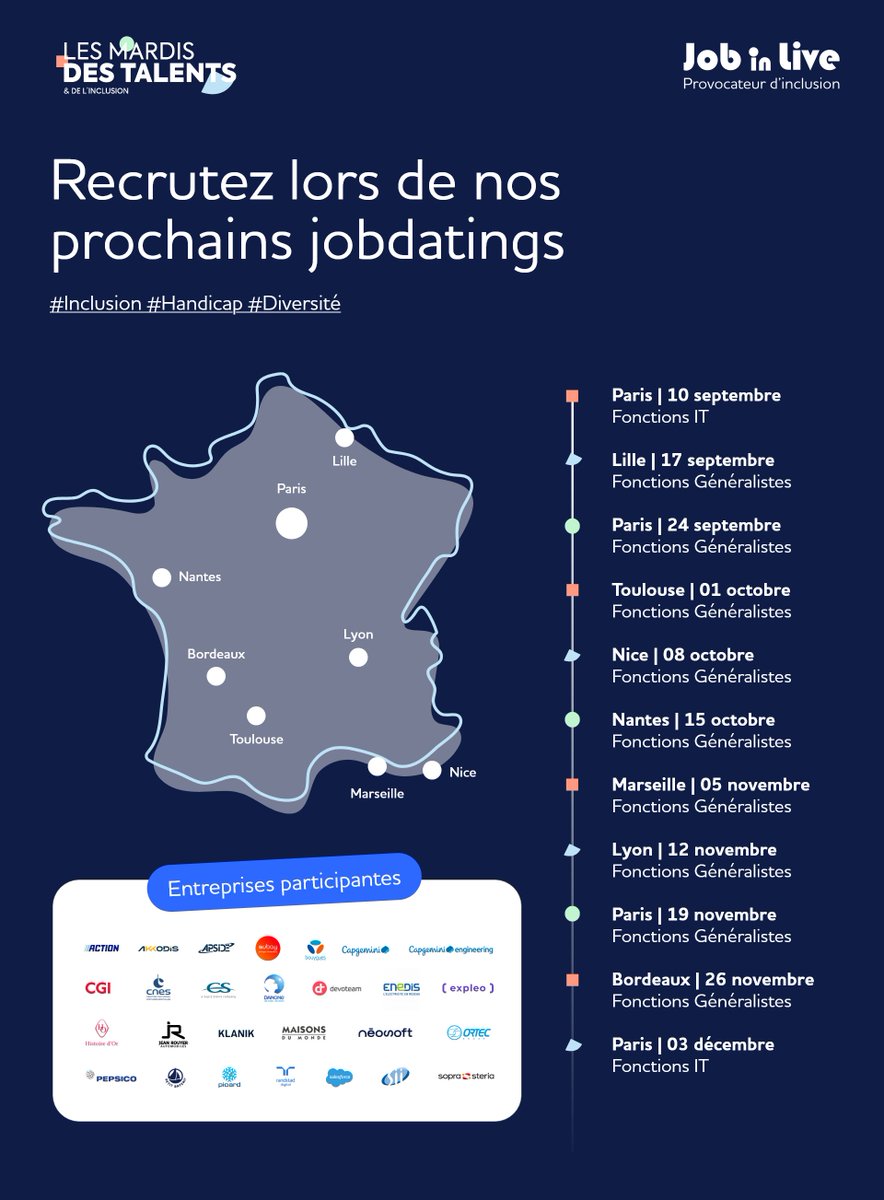 Qui dit rentrée dit... reprise des Mardis des Talents et de l'Inclusion !
📍 11 journées de recrutement prévues sur 8 villes avec des entreprises engagées et des talents qualifiés 

Vous souhaitez vous aussi rencontrer vos futurs talents ? Contactez-nous : i.mtr.cool/ybzynnjxwt