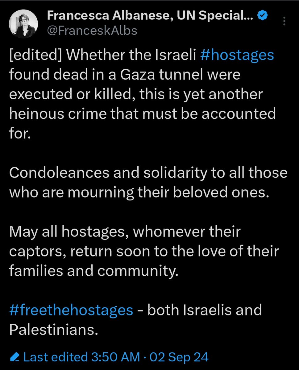 Eitan Fischberger (@efischberger) on Twitter photo Every time I think <a href="/FranceskAlbs/">Francesca Albanese, UN Special Rapporteur oPt</a> has reached peak moral depravity, she finds a new way to one-up herself.
Let's be clear: Israelis held by Hamas = hostages.
Palestinian terrorists held by Israel = terrorists. Every time I think <a href="/FranceskAlbs/">Francesca Albanese, UN Special Rapporteur oPt</a> has reached peak moral depravity, she finds a new way to one-up herself.
Let's be clear: Israelis held by Hamas = hostages.
Palestinian terrorists held by Israel = terrorists.