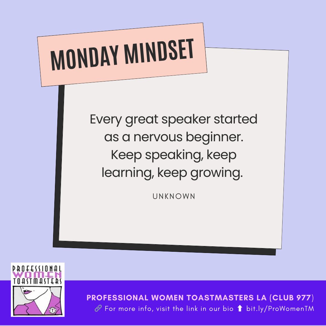 PWToastmasters's tweet image. Remember, every great speaker started as a nervous beginner! Keep trying, learning, and growing. Come practice with us online this Thursday and take the next step in your speaking journey! Comment 'JOIN' for details. 💪 #MondayMindset #Toastmasters