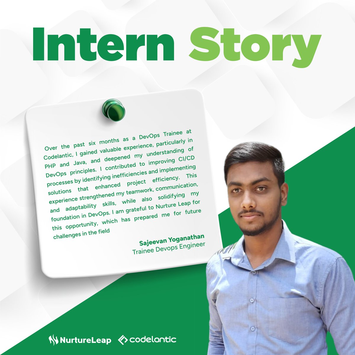 nurture_leap's tweet photo. Congratulations to Sajeevan Yoganathan for successfully completing his internship at @CodeLantic. We wish him continuous learning and abundant opportunities ahead.

#InternshipJourney #Codelantic #Nurtureleap https://t.co/xJUSQdxqKx