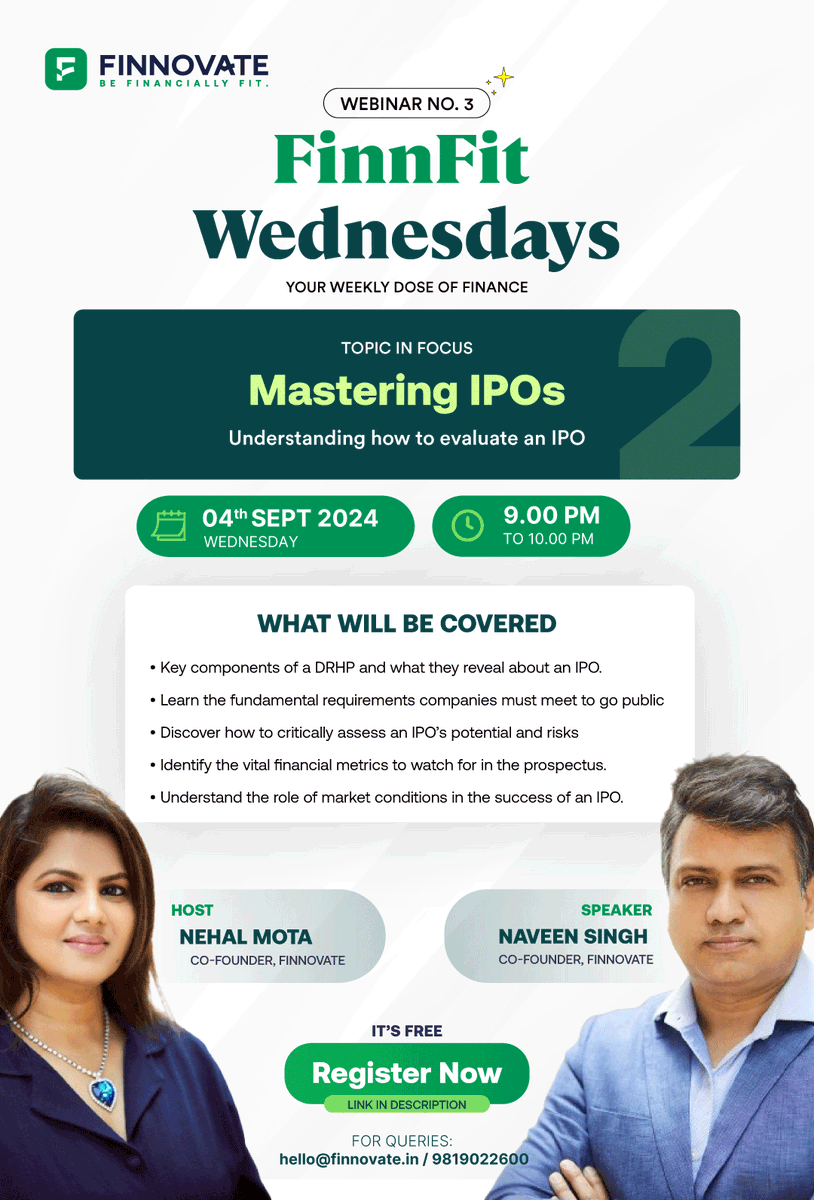 Register now for our Webinar, FinnFit Wednesdays by Finnovate. 
 
Topic: Mastering IPO's : Understanding how to evaluate an IPO. 

👉 Register Now: zoom.us/webinar/regist…

#IPO #Market #financialeducation #Risk #FinancialPlanning #finnovate #financialliteracy #webinar