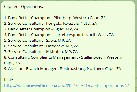 MetjahTebogo's tweet photo. Vacancies with Collen Verified Jobs:

1. Capitec – 11 Jobs - https://t.co/ahIEalzFW2

2. Absa – 37 Jobs - https://t.co/MnvYEZ6cb4

3. African Bank – 13 Jobs - https://t.co/scHybjuLy1

4. Post Bank – 4 Jobs - https://t.co/3ocbkMIvh2

5. Dis-Chem – 15 Jobs - https://t.co/fzyTwk3kyr https://t.co/vhPPzacGmt