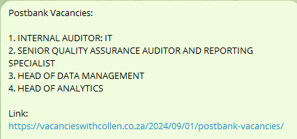 MetjahTebogo's tweet photo. Vacancies with Collen Verified Jobs:

1. Capitec – 11 Jobs - https://t.co/ahIEalzFW2

2. Absa – 37 Jobs - https://t.co/MnvYEZ6cb4

3. African Bank – 13 Jobs - https://t.co/scHybjuLy1

4. Post Bank – 4 Jobs - https://t.co/3ocbkMIvh2

5. Dis-Chem – 15 Jobs - https://t.co/fzyTwk3kyr https://t.co/vhPPzacGmt