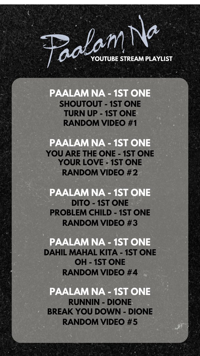 alphanation_ofc's tweet photo. PAALAM NA is officially out now! Let's start the excitement by streaming it on YouTube 💙 

Sharing this "PAALAM NA" playlist for you, ForOne! Be guided on how to stream properly; check the tweet below! 👋💙

PAALAM NA RELEASE @1stoneofficial #1stOne #1stOne_PaalamNa https://t.co/JHog0s7Ake
