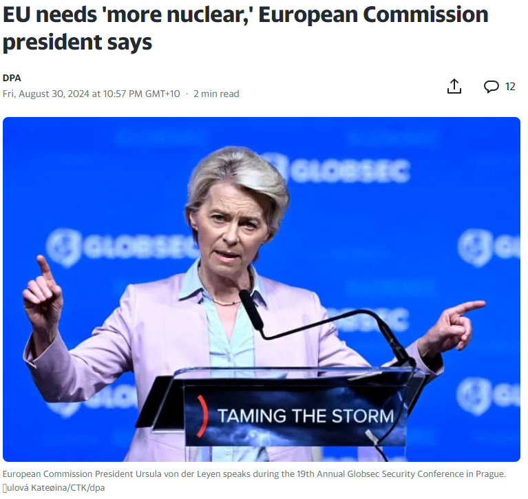 WePlanet (@weplanetint) on Twitter photo European Commission President <a href="/vonderleyen/">Ursula von der Leyen</a> calls for more nuclear and renewable energy
"When we speak about our energy, we have to produce our own energy, more renewables, more nuclear, more efficiency," said European Commission President Ursula von der Leyen.
Her comments were European Commission President <a href="/vonderleyen/">Ursula von der Leyen</a> calls for more nuclear and renewable energy
"When we speak about our energy, we have to produce our own energy, more renewables, more nuclear, more efficiency," said European Commission President Ursula von der Leyen.
Her comments were