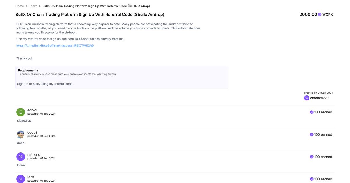 I currently setup a $work Task on the new and innovative <a href="/gibworkbot/">gibworkbot</a>  
I'm doing 100 $work payouts to anyone who signs up to my <a href="/bullx_io/">BullX</a>  Referral code!  t.me/BullxBetaBot?s…

So far this is going great! I love how easy it is to pay people out in $work tokens.  I can't wait