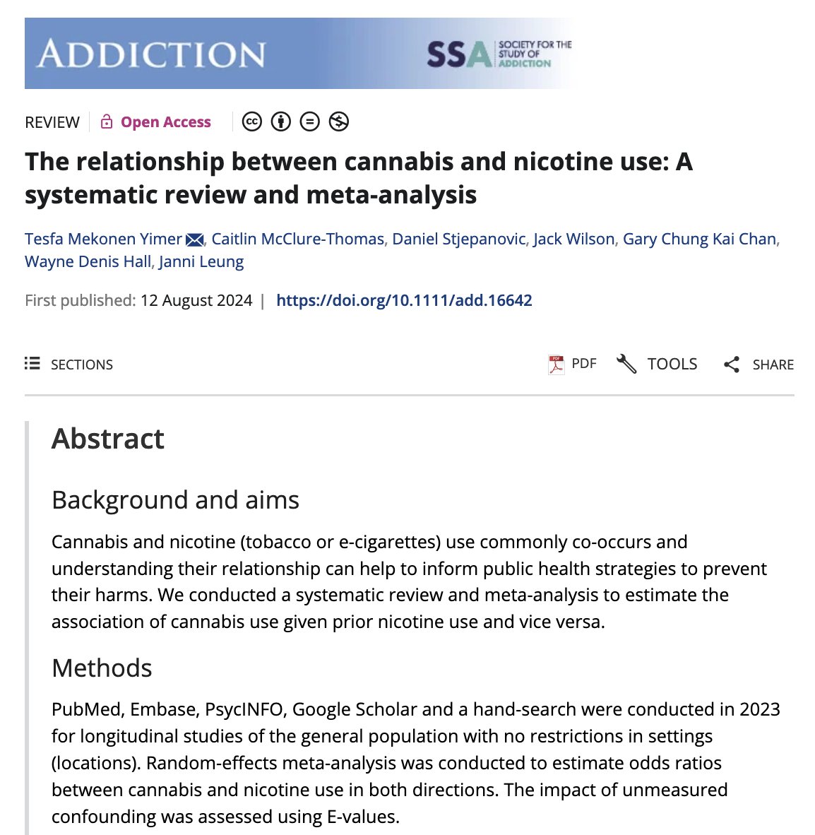 The Matilda Centre (@thematilda_usyd) on Twitter photo #RESEARCH
EXPOSURE TO NICOTINE ASSOCIATED WITH INITIATION OF CANNABIS USE, new research has shown.
The paper, including the Matilda Centre’s Dr <a href="/Jack_MWilson/">Jack Wilson</a>, conducted a meta-analysis to estimate the odds of cannabis and nicotine use.
Full paper: onlinelibrary.wiley.com/doi/full/10.11… #RESEARCH
EXPOSURE TO NICOTINE ASSOCIATED WITH INITIATION OF CANNABIS USE, new research has shown.
The paper, including the Matilda Centre’s Dr <a href="/Jack_MWilson/">Jack Wilson</a>, conducted a meta-analysis to estimate the odds of cannabis and nicotine use.
Full paper: onlinelibrary.wiley.com/doi/full/10.11…