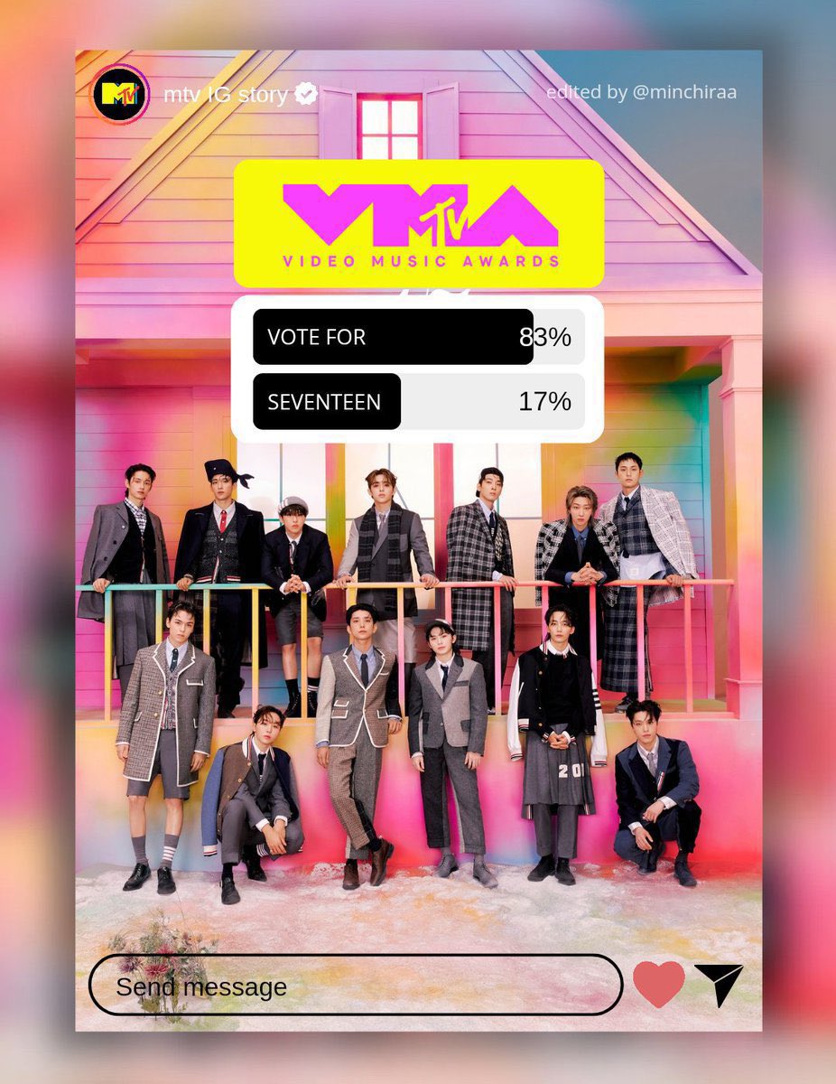 CARATS‼️📣
 
SEVENTEEN has been nominated for this year's #VMA        Best Group. Voting will take place via's MTV’s IG STORY so start creating accounts now. 

🗓️: September 3, 2024 (Tuesday)
⏰: 11AM ET 🇺🇸
🗓️: September 4, 2024 (Wednesday)
⏰: 12AM KST 🇰🇷
⏰: 11PM PHT 🇵🇭