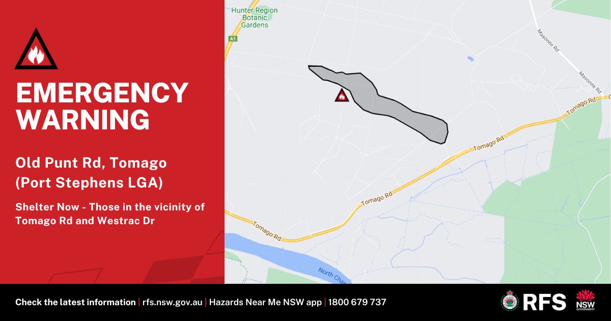 EMERGENCY WARNING: Old Punt Rd Fire, Tomago
A fire is burning near Old Punt Rd, Tomago burning in an easterly direction towards Tomago Rd. If you are near Tomago Road and Westrac Drive you are in danger. Seek shelter now, it is too late to leave. rfs.nsw.gov.au/fire-informati…