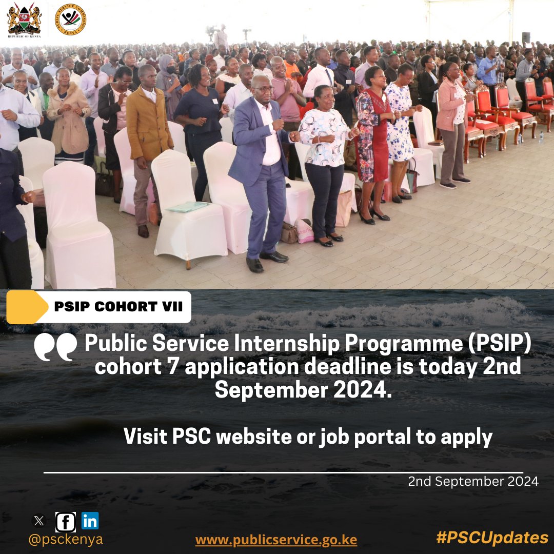 PSCKenya's tweet image. #PSIP 

REMINDER: Public Service Internship Programme (PSIP) 7th Cohort application deadline is today. 

Interested graduates can visit the PSC job portal to apply by the end of the day.