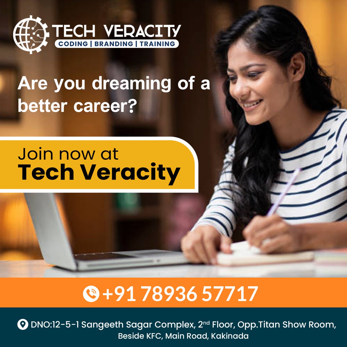 tech_veracity's tweet image. Dreaming of a career upgrade? Join Tech Veracity today and make it happen! 🚀
.
📞Call us: 78936 57717
🌐Sangeeth Sagar Complex, 2nd Floor, Opp.Titan Show Room, Beside KFC, Main Road, Kakinada
.
#techveracity #softwaretraining #digitalmarketing #fullstackdevelopment #kakinada