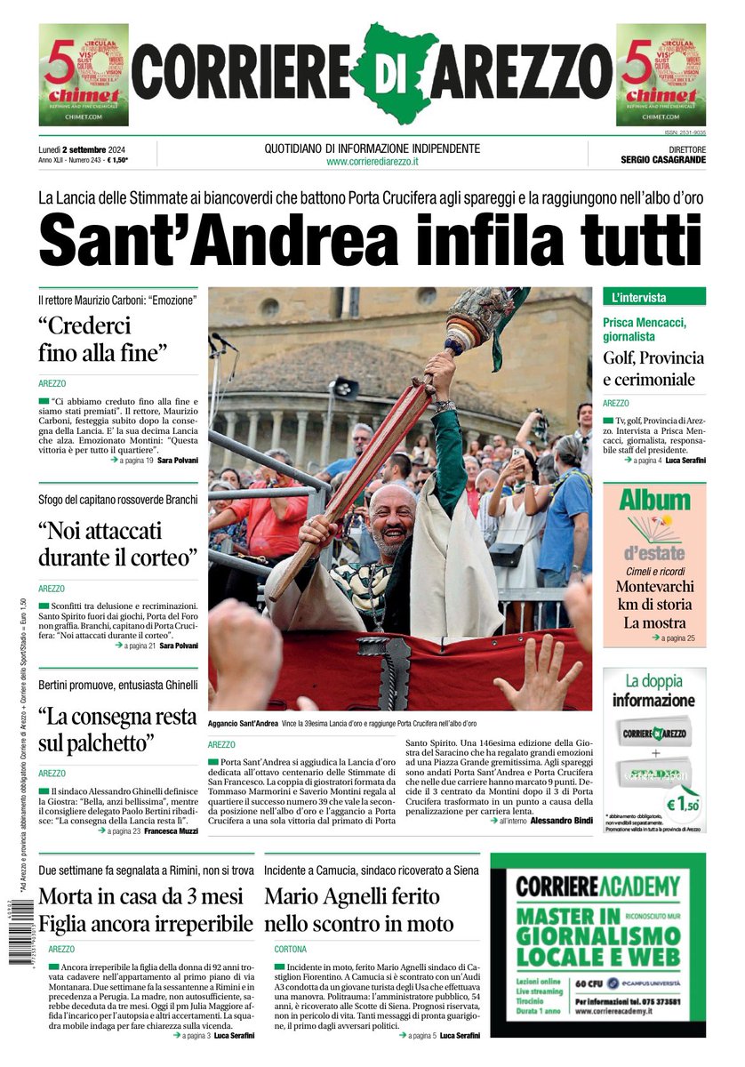 La prima pagina del Corriere di Arezzo di oggi lunedì 2 settembre
#toscana #tuscany #arezzo
