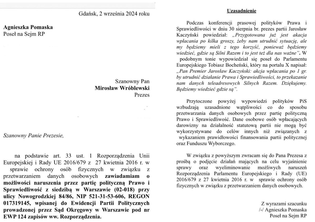 🛑W związku z groźbami wykorzystania przez polityków PiS niezgodnie z prawem danych osobowych wpłacających darowizny na rzecz partii składam dzisiaj zawiadomienie do UODO.
Za nieprzestrzeganie przepisów RODO grozi kara do 20 mln euro.