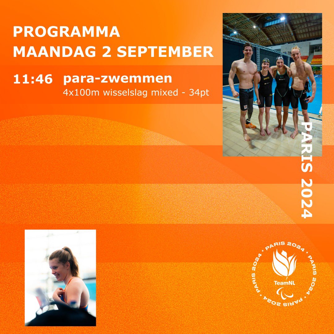 Vandaag is het tijd voor de eerste estafette 🧡

👉Kijk mee via YouTube Paralympics

#TeamNLwedstrijdzwemmen #SamenSterker #Paris2024