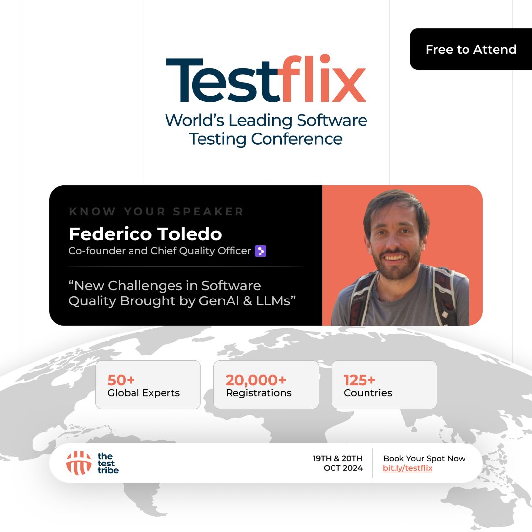 The Test Tribe (@the_test_tribe) on Twitter photo 🎉 We are excited to share that <a href="/fltoledo/">Federico Toledo</a>, Co-founder and Chief Quality Officer at Abstracta, will be joining us at Testflix 2024.
Federico is bringing an exciting atomic talk on "New Challenges in Software Quality Brought by GenAI and LLMs". 🔥 🎉 We are excited to share that <a href="/fltoledo/">Federico Toledo</a>, Co-founder and Chief Quality Officer at Abstracta, will be joining us at Testflix 2024.
Federico is bringing an exciting atomic talk on "New Challenges in Software Quality Brought by GenAI and LLMs". 🔥