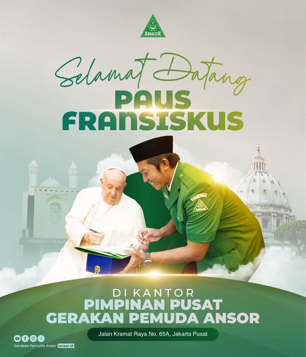 PortalInfokom's tweet photo. Tokoh perdamaian dunia Paus Fransiskus akan berkunjung ke Indonesia pada 3 - 6 September 2024, salah satu tempat yg akan dikunjungi adalah kantor Pimpinan Pusat GP ANSOR https://t.co/vEjO4mskyC