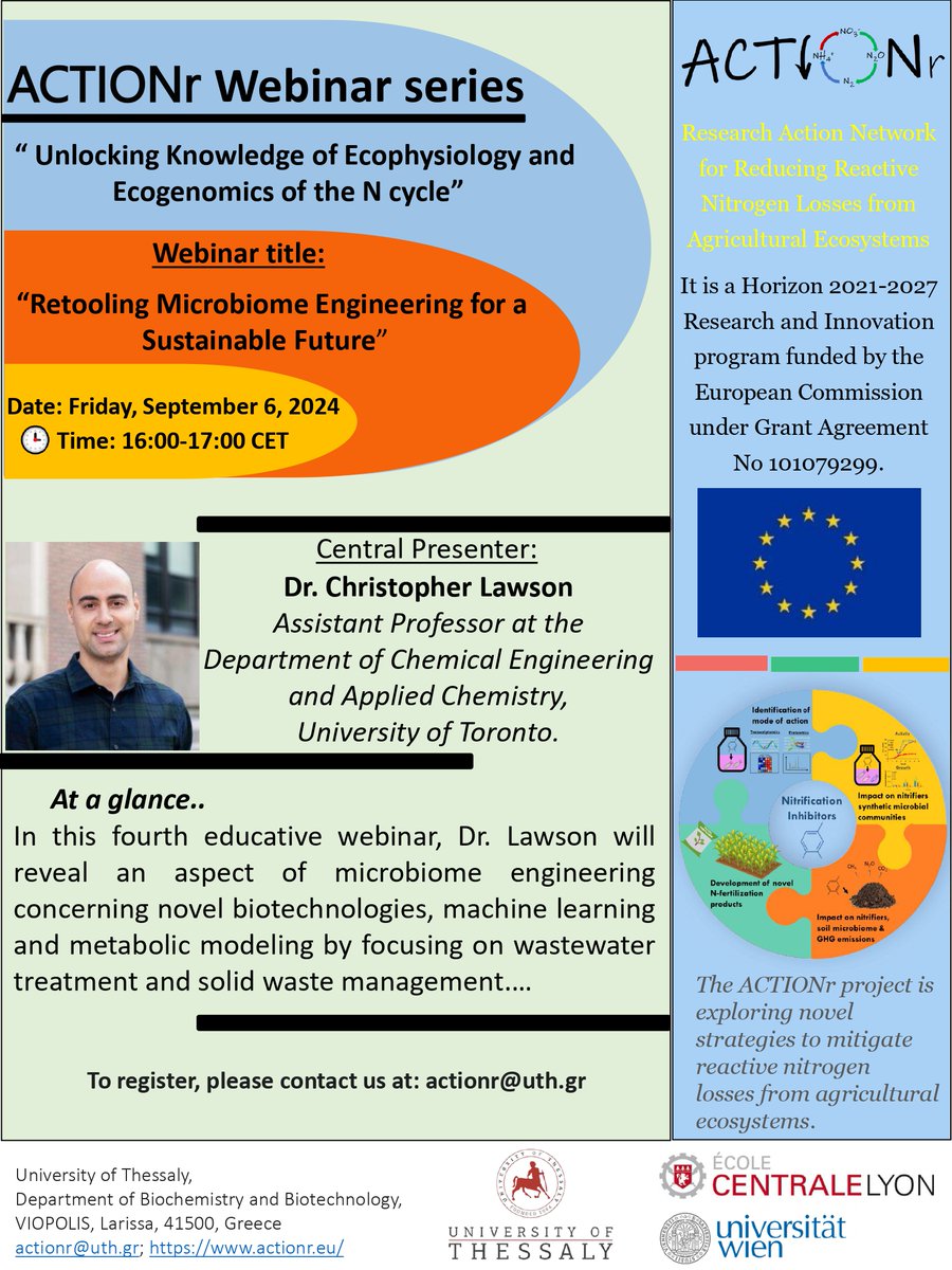 ACTIONr Webinar Series new session !! Title: "Retooling Microbiome Engineering for a Sustainable Future". Presenter: Dr. Christopher Lawson, Assistant Professor, Department of Chemical Engineering and Applied Chemistry, University of Toronto. 🗓️September 6, 2024,🕓16:00-17:00 CET