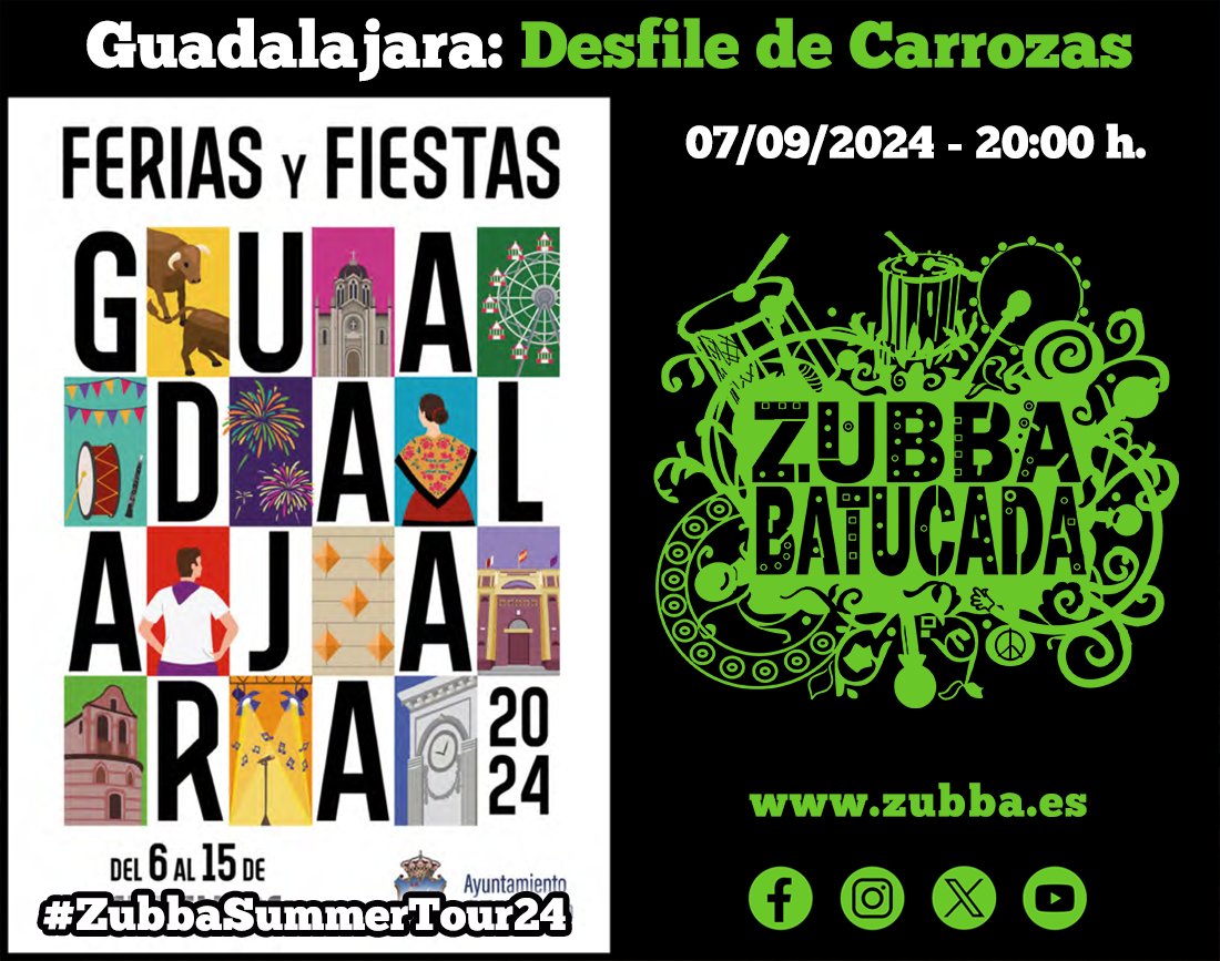 zubba_batucada's tweet photo. 🎉¡¡Este sábado jugamos en casa!!🎉

Participaremos en el #desfile de #carrozas de @GuadalajaraAyto donde lo daremos todo recorriendo las calles de la capital al mejor ritmo 🥁💃🎶🎉

#ZubbaSummerTour24 https://t.co/DGLjItghto