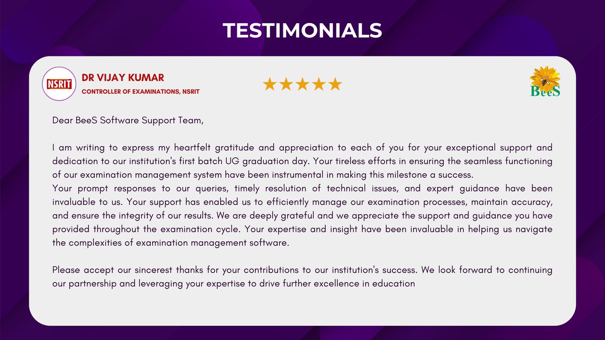 bees_ltd's tweet image. Congratulations to Management and Students on your First Graduation Celebrations &amp;amp; Dear Controller of Examinations Thank you for your heartfelt appreciation. We are excited to collaborate further and contribute to your future successes
#NSRIT #beesexaminationsoftware #testimonial